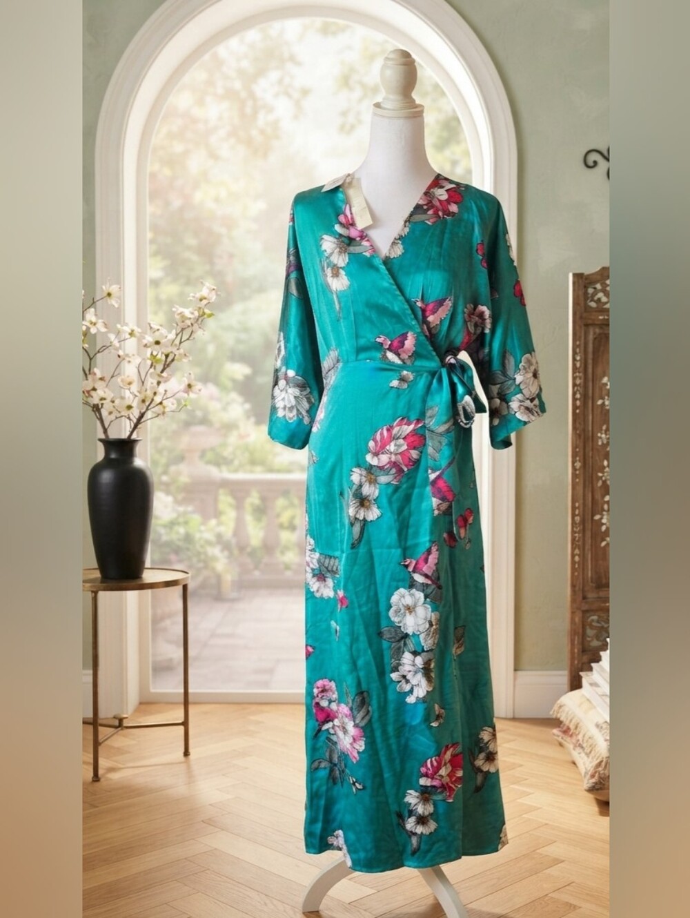 Liquorish Teal Green Floral Satin Wrap Maxi Dress Kimono Sleeves Tropical Brunch